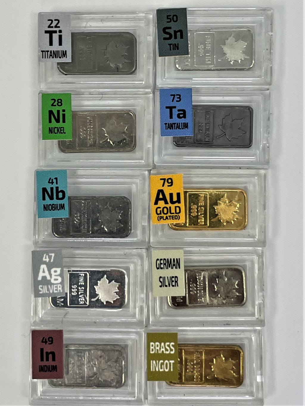 10 x 1 Gram Periodic Element Metal Maple Ingots 2 x SILVER