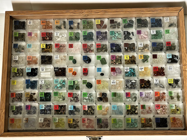 The Ultimate Gemstone Mineral Collection 108 different Gemstone Labeled Tiles in Luxury wooden display - The Periodic Element Guys