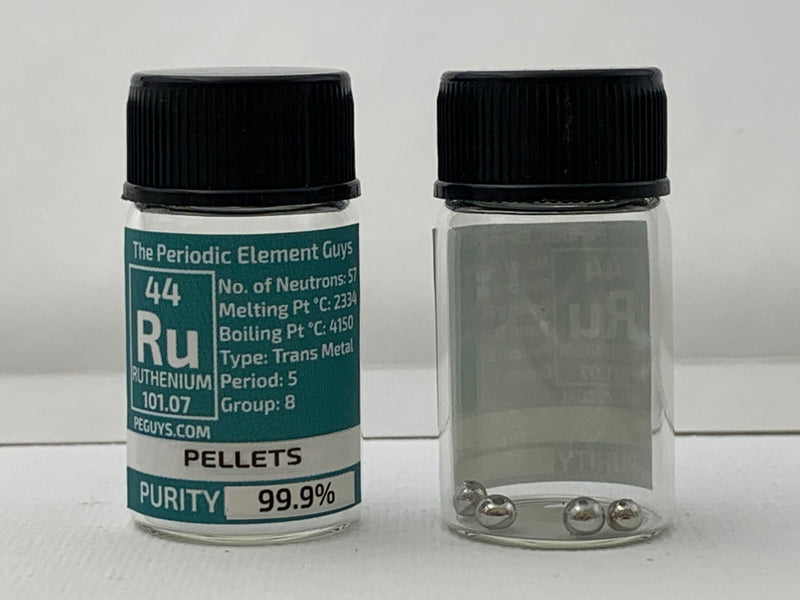Ruthenium Arc Molten Pellet 1 Gram minimum made up of 2-4 beads in a periodic element bottle - The Periodic Element Guys
