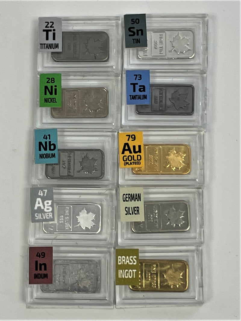 10 x 1 Gram Periodic Element Metal Maple Ingots 2 x SILVER TANTALUM NIOBIUM INDIUM TITANIUM - The Periodic Element Guys