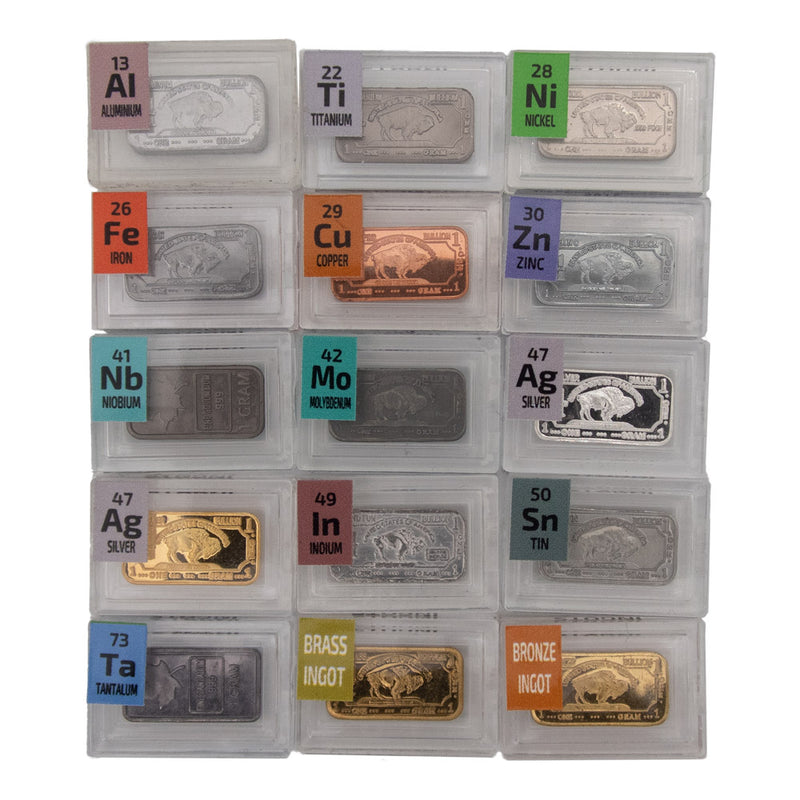 15 x 1 Gram Periodic Element Metal Ingots SILVER x 2, Tantalum, Indium, Niobium - The Periodic Element Guys