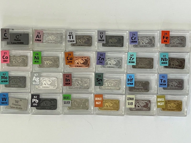 24 x 1 Gram Periodic Element Metal Ingots TUNGSTEN TANTALUM HAFNIUM CHROMIUM INDIUM ZIRCONIUM - The Periodic Element Guys