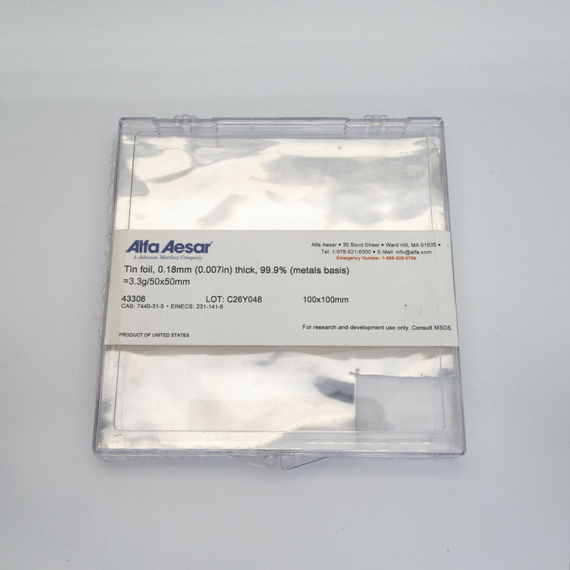 Alfa Aesar Tin Foil 99.9% Pure 0.18mm/0.007in, 25mm x 25mm or 50mm x 50mm - The Periodic Element Guys