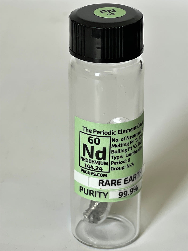 Neodymium Metal 99.9% 1 Gram +  Shiny under Argon in glass ampoule in Labeled Glass Vial - The Periodic Element Guys