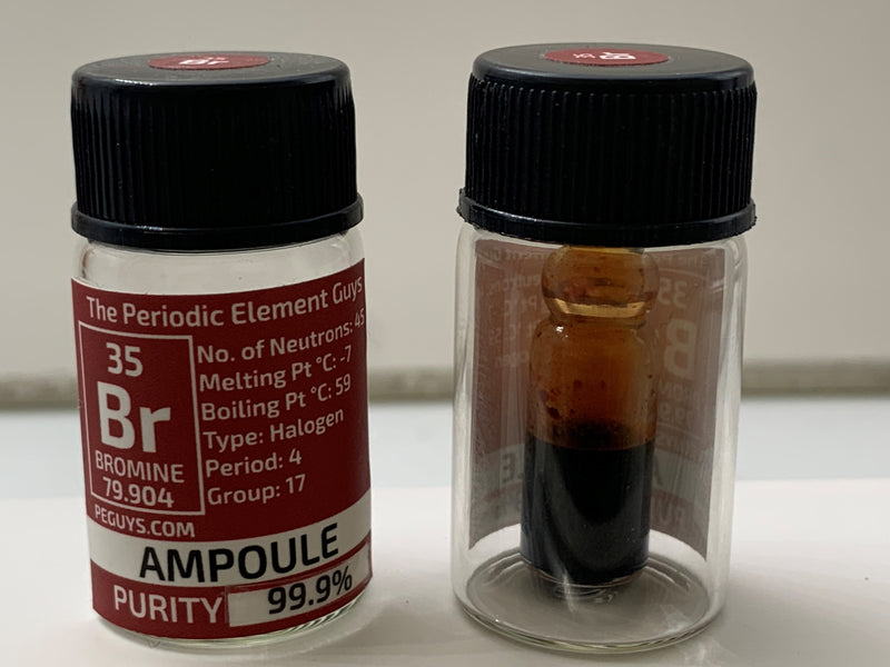 Bromine in glass ampoule in a Periodic Element Bottle - The Periodic Element Guys