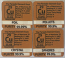 Copper 99.9%  Foil, Pellets, Crystal, Spheres in our new thick Periodic Element tiles