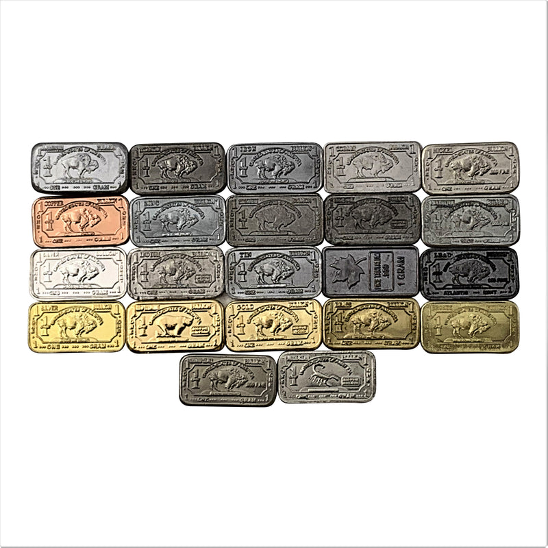 The New Full Monty 22 x 1 gram Bullion\Buffalo Metal Ingot Set. Includes Tantalum Indium Niobium++ - The Periodic Element Guys