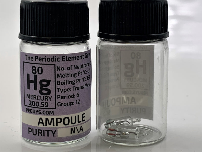 2 tiny Mercury ampoules in a labeled glass bottle - The Periodic Element Guys