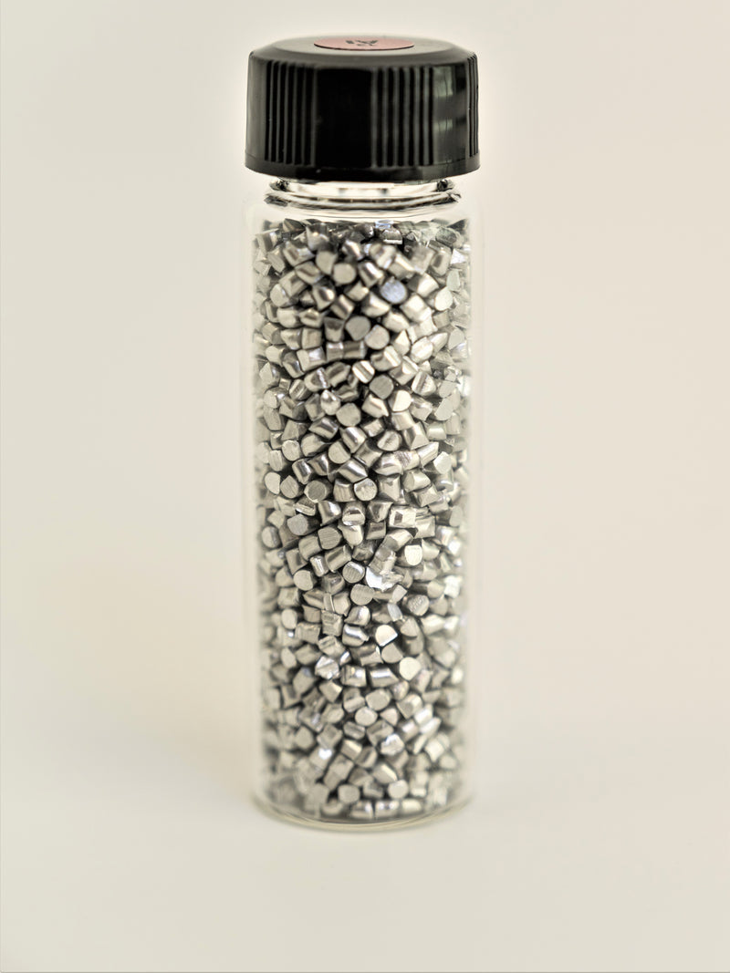 Aluminum Pellets 1 Oz, 31 Grams. 99.99%  in New Stand Tall Glass Vial. - The Periodic Element Guys