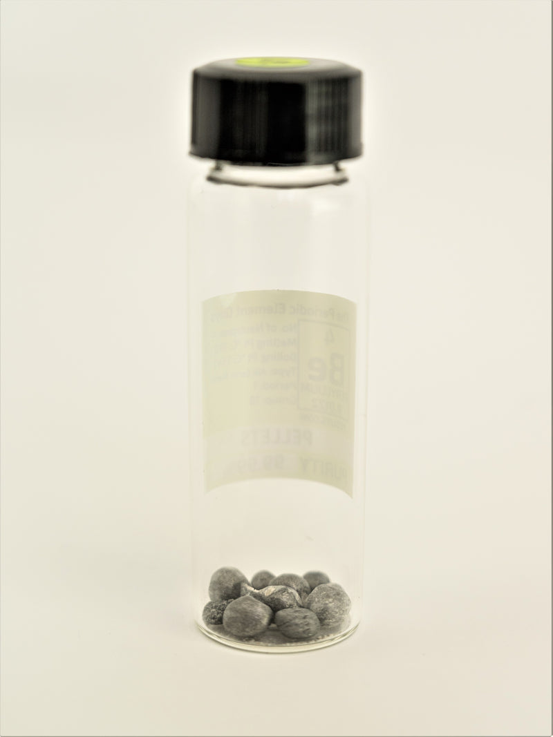 Beryllium Metal Element Sample - 2 grams Pellets - Purity: 99.9% in new tall glass Vial. - The Periodic Element Guys