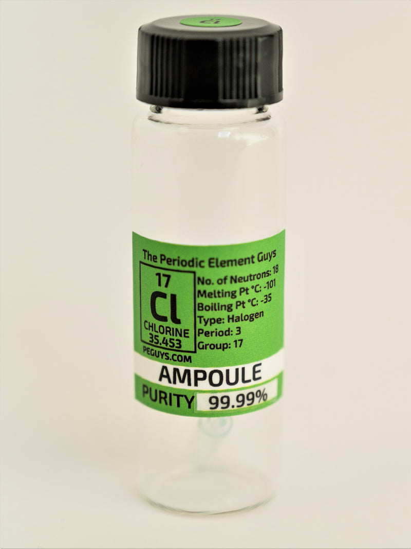 Low Pressure Chlorine Gas Ampoule 99.99% In our new Stand Tall Glass Vials - The Periodic Element Guys