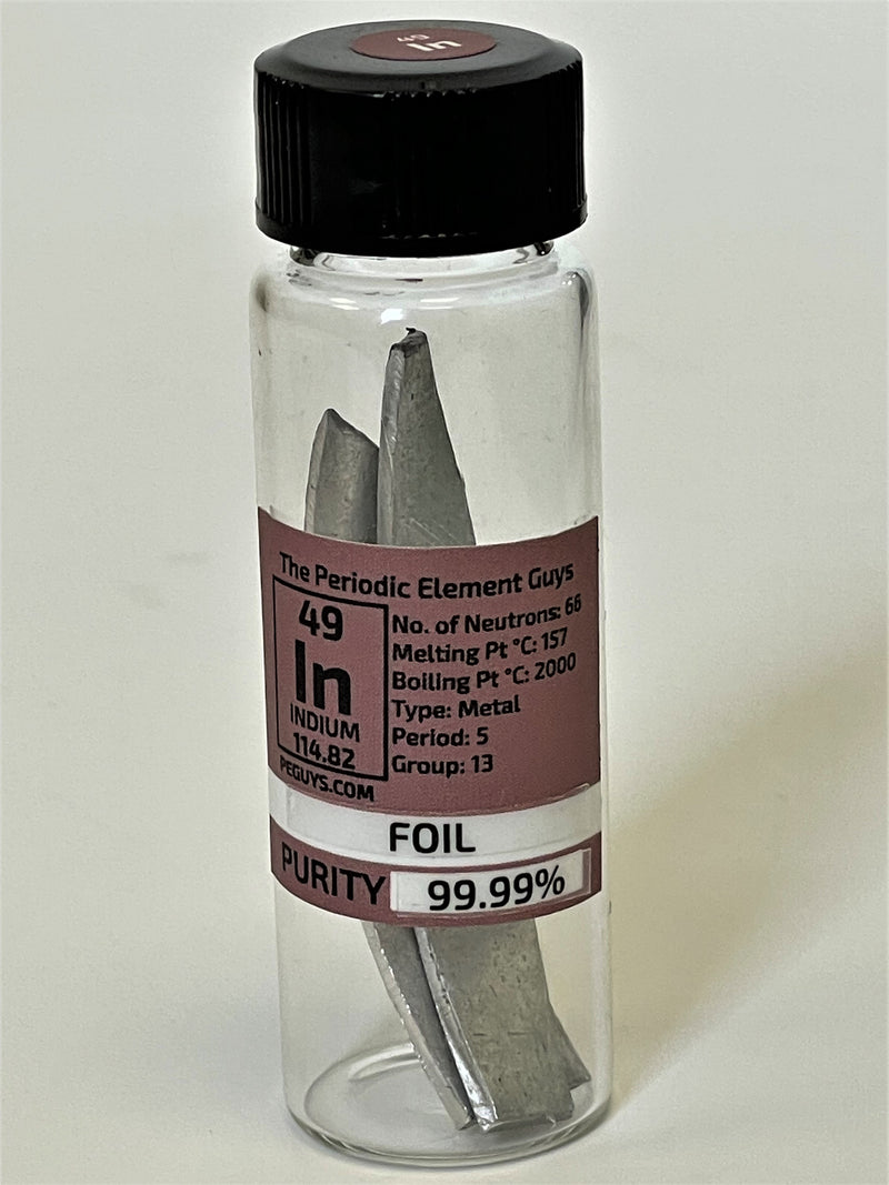 Indium Metal Foil 10 Grams, 99.99% Pure in our new "Stand Tall" Glass Vial. - The Periodic Element Guys