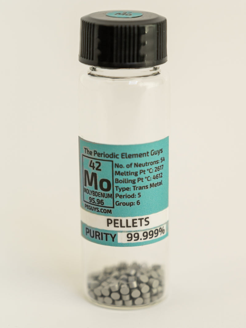 Molybdenum Metal Evaporation Pellets 10 Grams 99.999% Pure  Specimen in our new " Stand Tall " Glass Vile - The Periodic Element Guys