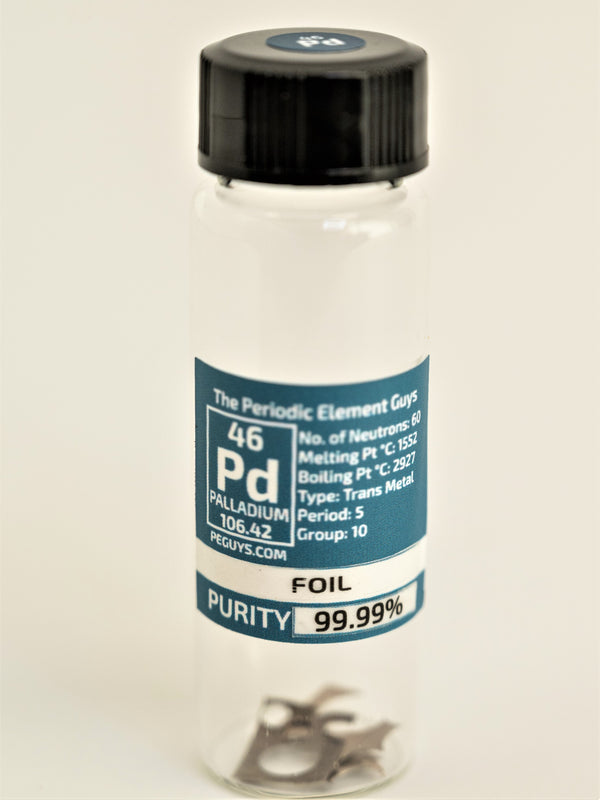 Palladium Metal Foil Pieces 0.25 Grams sample 99.99% Pure in our new "stand Tall" Glass Vial - The Periodic Element Guys