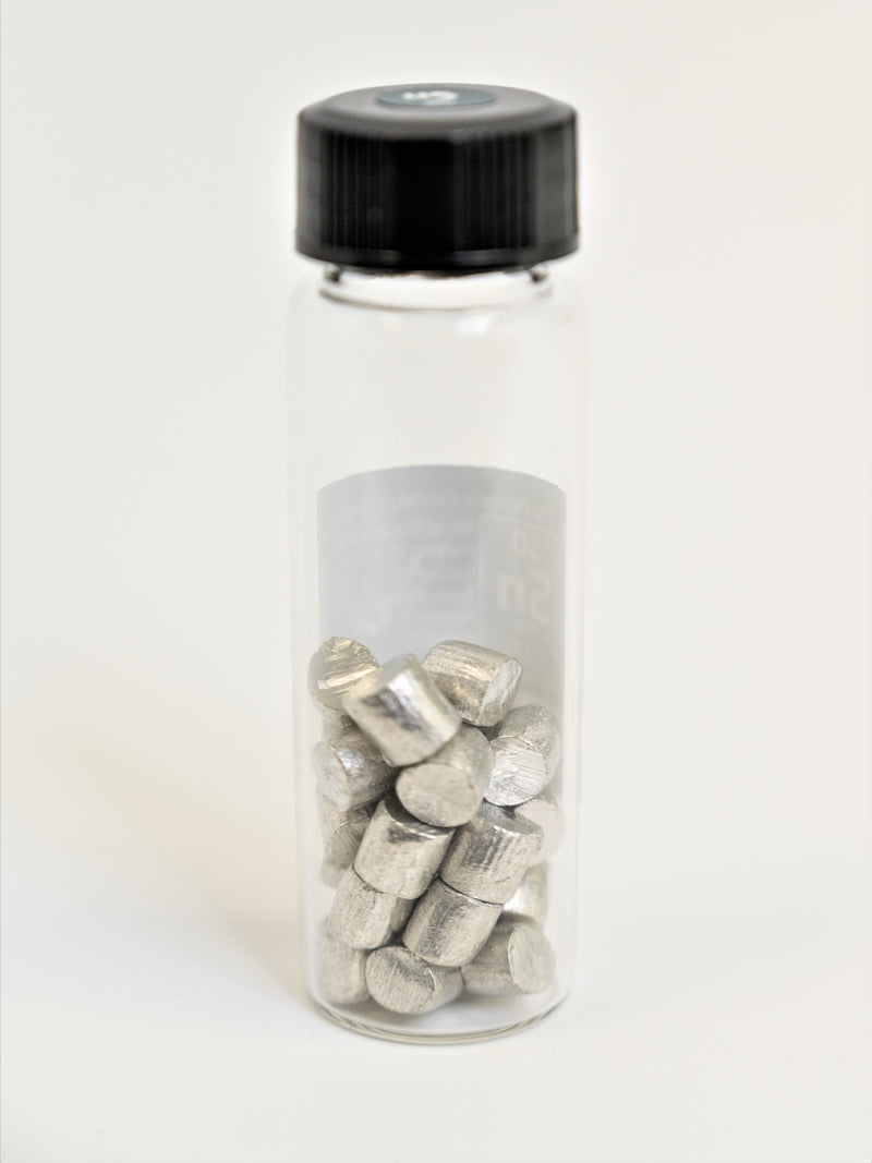 Tin Metal Pellets 20 Grams, 99.9% Pure in our new "Stand Tall" Glass Vial. - The Periodic Element Guys