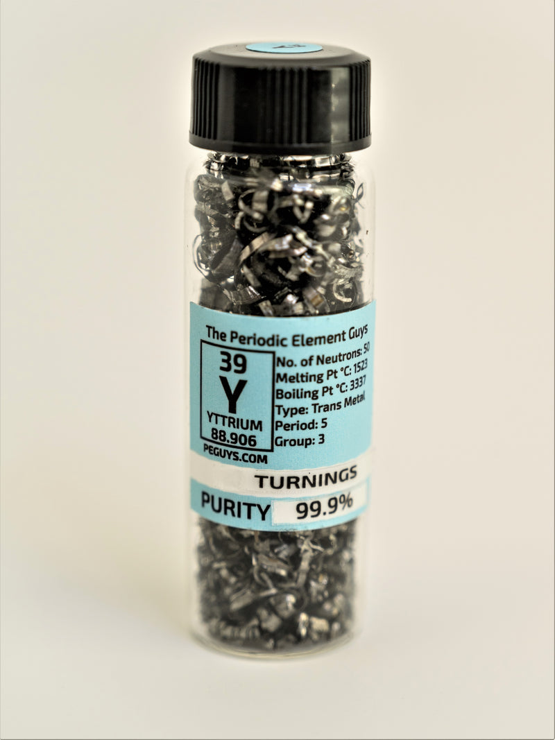 Yttrium Metal Turnings 5 Gram 99.9% Pure  Specimen in our new " Stand Tall " Glass Vile. - The Periodic Element Guys