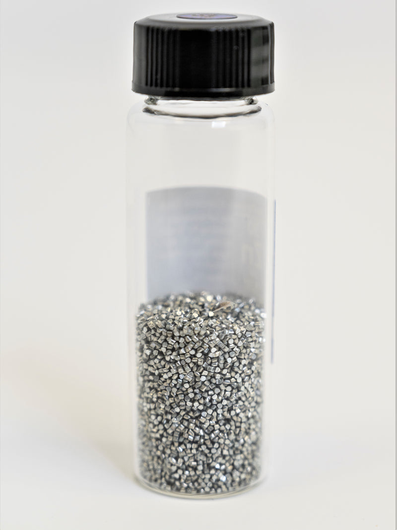 Zinc Metal Pellets/Spheres 31.1  Grams 99.99% in our new "Stand Tall" Glass Vials. - The Periodic Element Guys