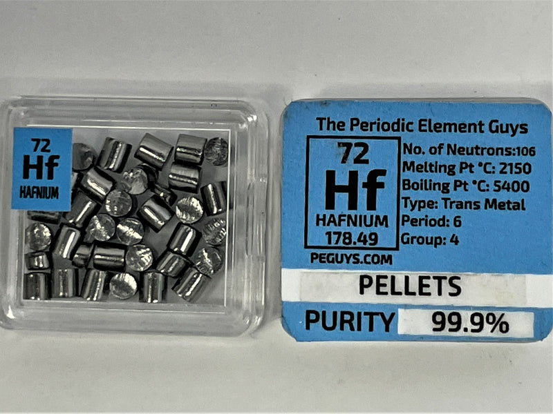 Hafnium Metal Pellets 10 Grams 99.9% Pure in our new thicker tiles - The Periodic Element Guys