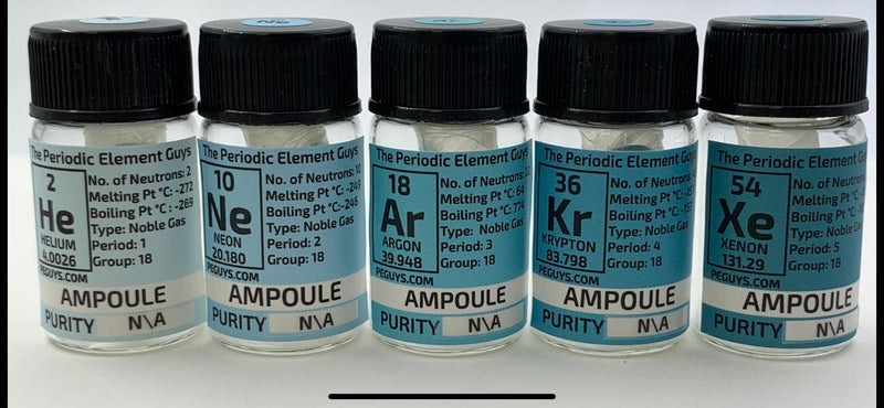 Noble Gases Set Ampoules in a Labelled Bottle. Helium, Neon, Argon, Krypton, Xenon Gas - The Periodic Element Guys