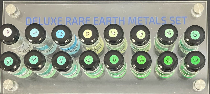 Luxury Rare Earth Metal Set 1 gram x 16 Shiny Samples under Argon Vials Acrylic Display Stand - The Periodic Element Guys