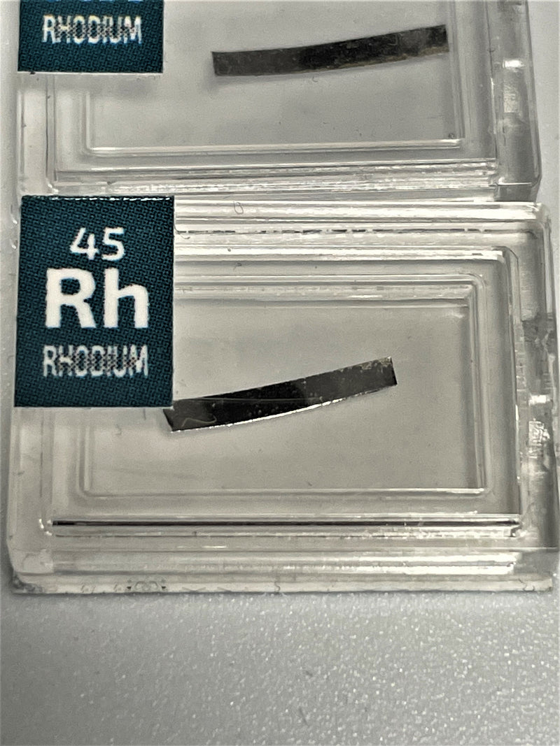 Rare Pure Rhodium Foil Strip 99.9% 10mm x 1mm x 0.025mm in Periodic Element Tile - The Periodic Element Guys