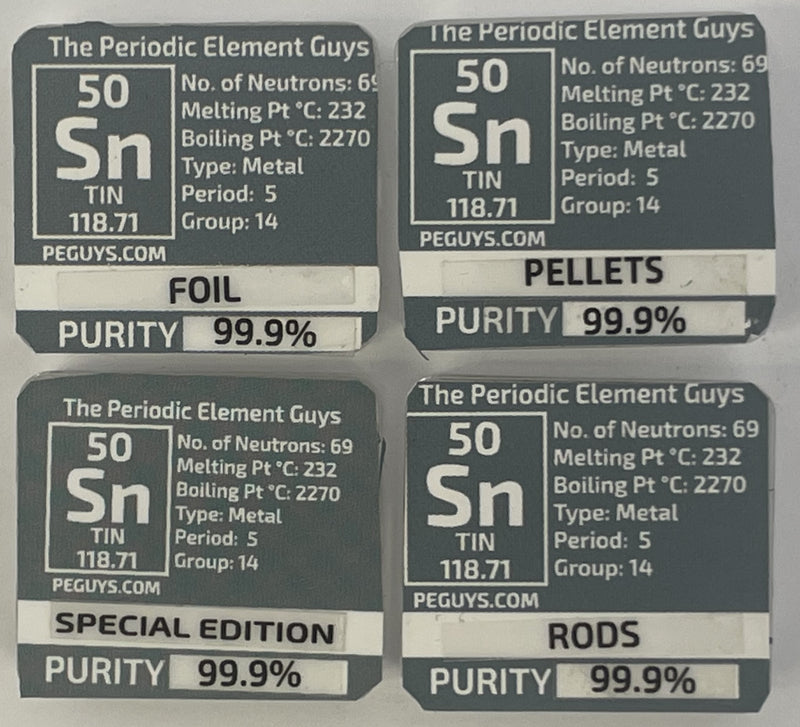 Tin  99.9%  Foil, Pellets, Ingots, Rods  in our new thick Periodic Element tiles