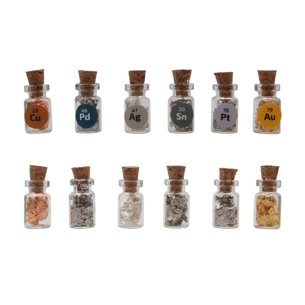 6 Miniature Cork bottles filled with 24K Gold,.999 Silver Copper Platinum Palladium Tin - The Periodic Element Guys