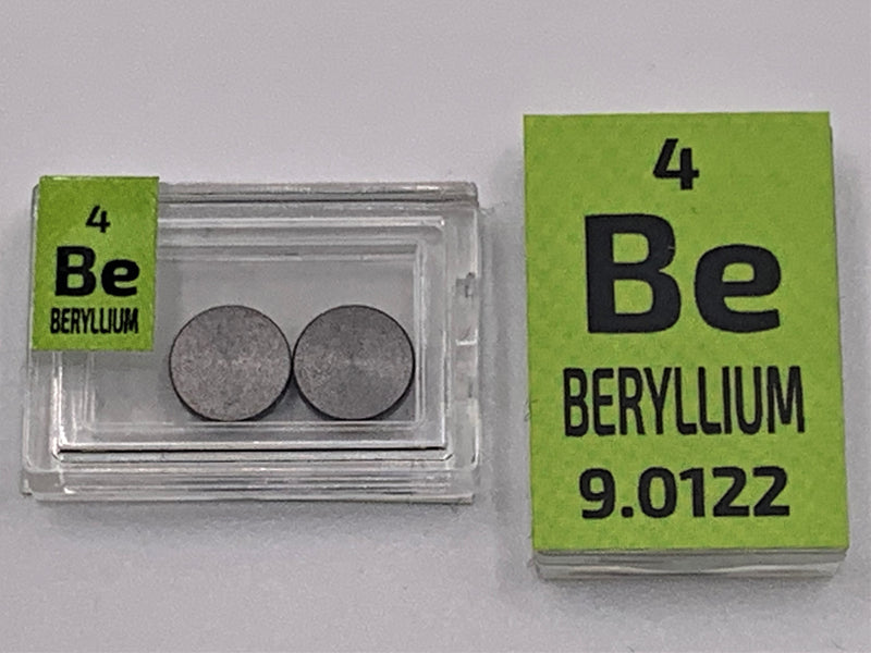 Beryllium Metal Disks 99.9% in a Periodic Element Tile each disk is 7mm x 1mm - The Periodic Element Guys