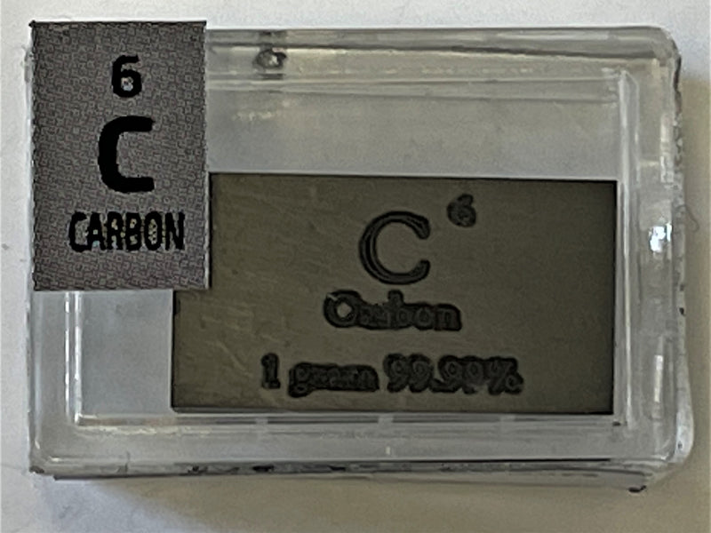 Pure Carbon Solid 1 Gram Ingot Bullion 99.99% in a labeled Periodic Element Tile - The Periodic Element Guys