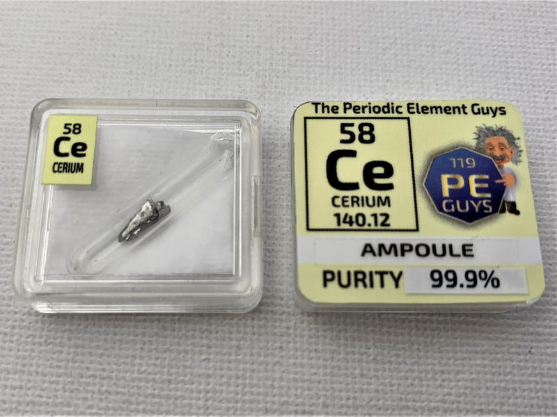 Cerium Metal in Glass ampoule under argon, Clean and Shiny  99.9% in a Periodic Element Tile - The Periodic Element Guys