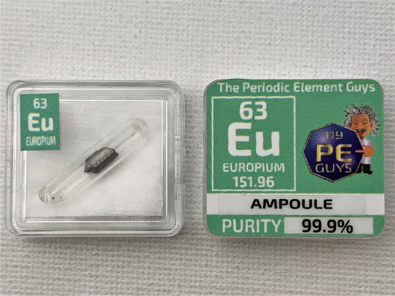 Europium Metal in Glass ampoule under argon, Clean and Shiny  99.9% in a Periodic Element Tile - The Periodic Element Guys