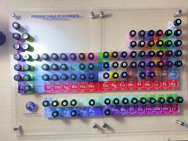 Museum Quality 82 Periodic Table Elements  samples in a labeled glass via in Deluxe Acrylic Table - The Periodic Element Guys
