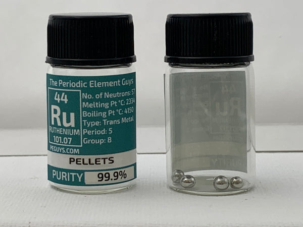 Ruthenium Arc Molten Pellet 1 Gram minimum made up of 2-4 beads in a periodic element bottle - The Periodic Element Guys