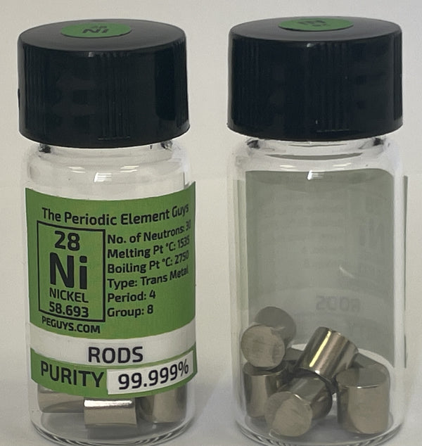 Nickel Rods 6x6mm 99.999%, 15 Grams in a fully labeled Element Glass Vial/Bottle