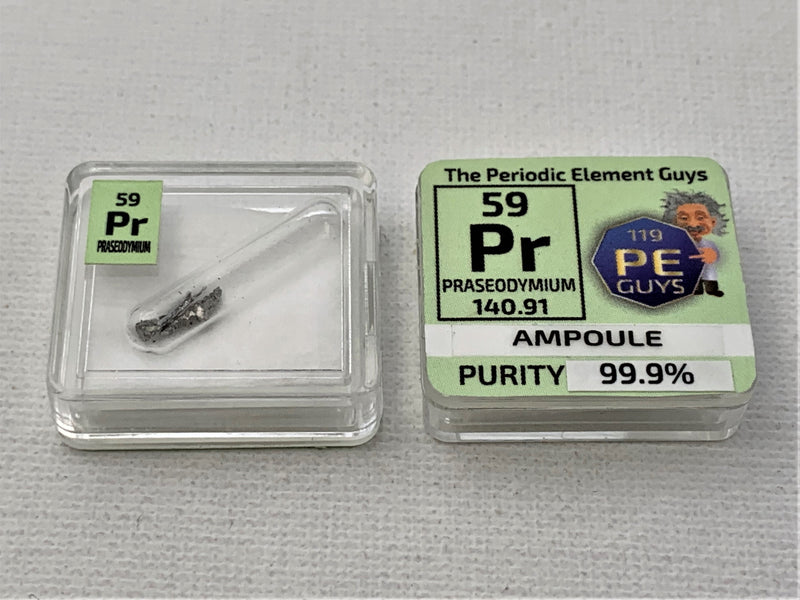 Praseodymium Metal in Glass ampoule under argon, Clean and Shiny  99.9% in a Periodic Element Tile - The Periodic Element Guys